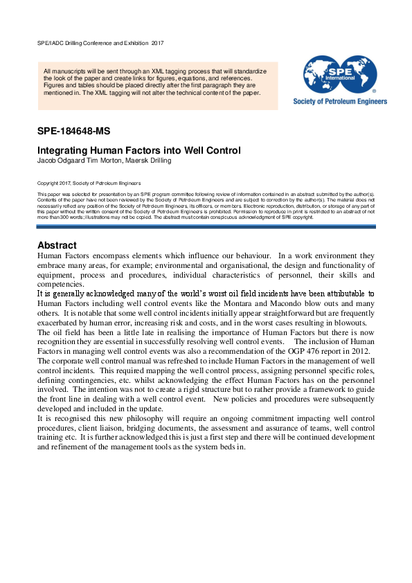 (PDF) Integrating Human Factors into Well Control