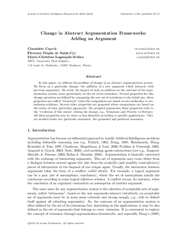 (PDF) Change in Abstract Argumentation Frameworks: Adding an Argument