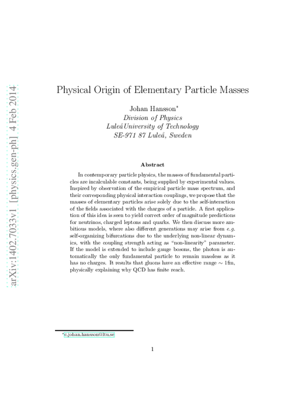 (PDF) 14 Physical Origin of Elementary Particle Masses
