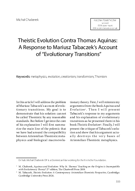 (PDF) Theistic Evolution Contra Thomas Aquinas: A Response to Mariusz ...