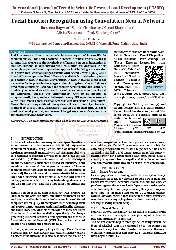 (PDF) Facial Emotion Recognition using Convolution Neural Network