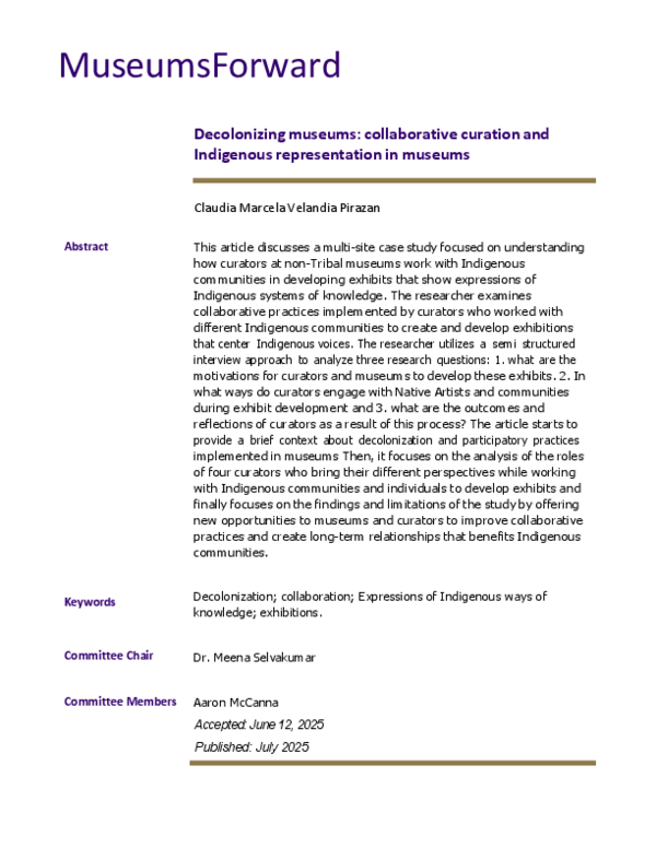 (PDF) Decolonizing museums: collaborative curation and Indigenous ...