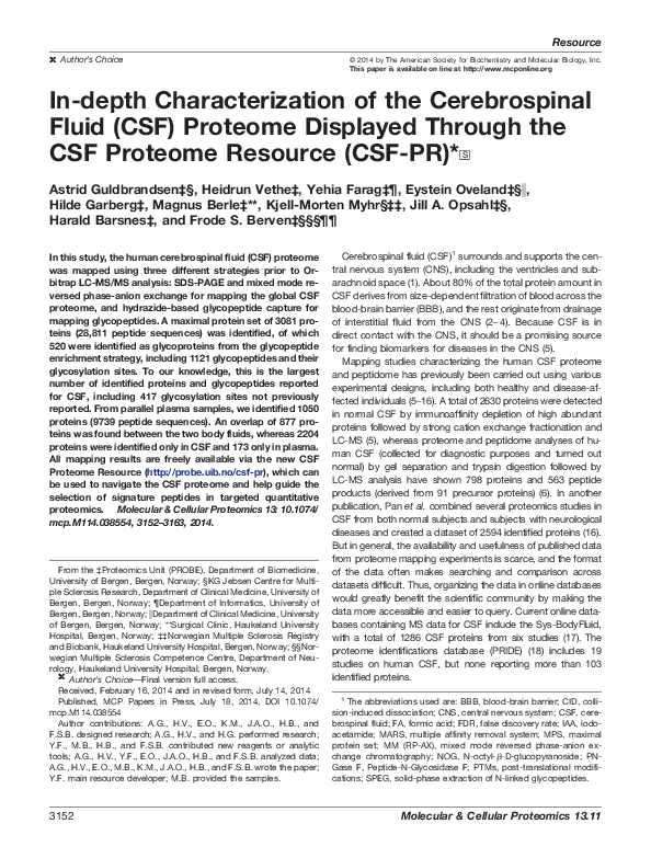 (PDF) In-depth Characterization of the Cerebrospinal Fluid (CSF ...