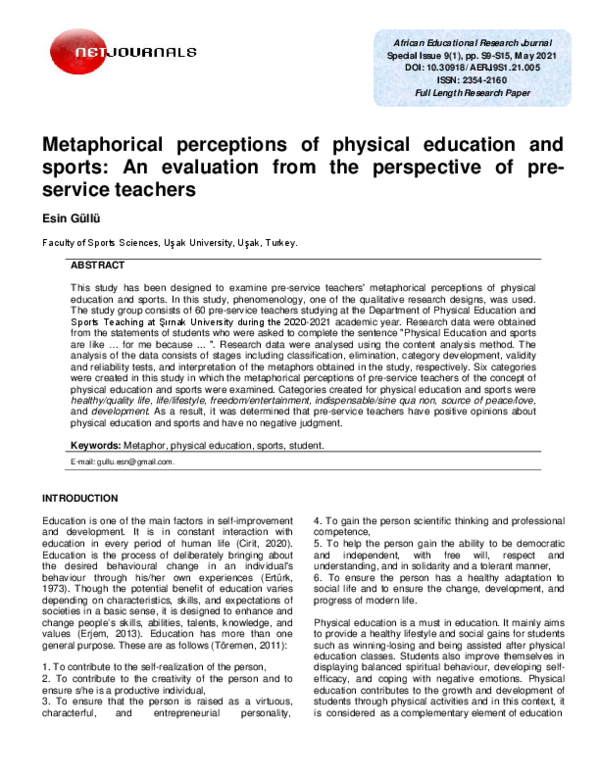 (PDF) Metaphorical perceptions of physical education and sports: An ...