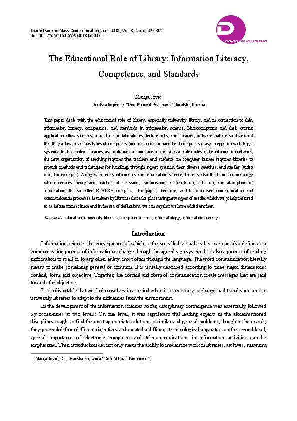(PDF) The Educational Role of Library: Information Literacy, Competence ...