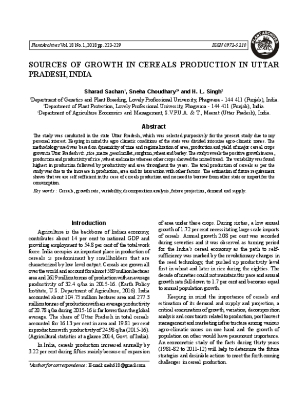 (PDF) Sources of Growth in Cereals Production in Uttar Pradesh, India
