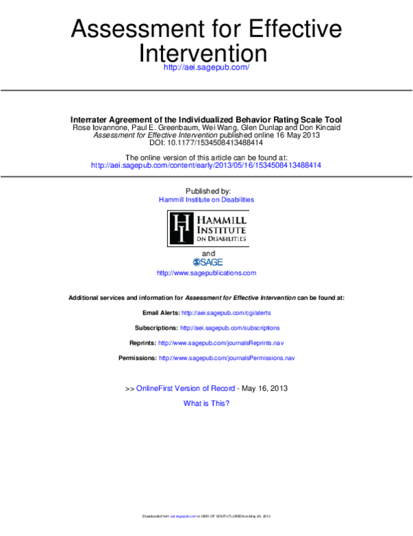 (PDF) Interrater Agreement of the Individualized Behavior Rating Scale Tool