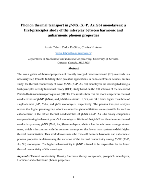 (PDF) Phonon thermal transport in $\beta$-NX (X=P, As, Sb) monolayers ...