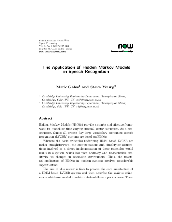 (PDF) The Application of Hidden Markov Models in Speech Recognition