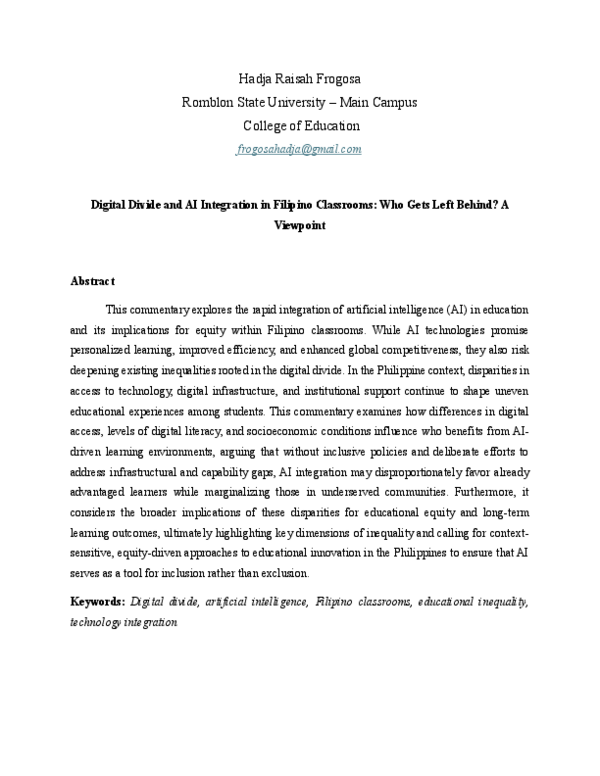 (PDF) Digital Divide and AI Integration in Filipino Classrooms: Who ...