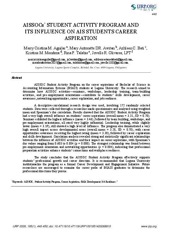 (PDF) AISSOCs’ STUDENT ACTIVITY PROGRAM AND ITS INFLUENCE ON AIS ...