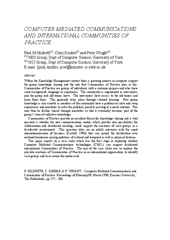 (PDF) Computer Mediated Communications and International Communities of ...