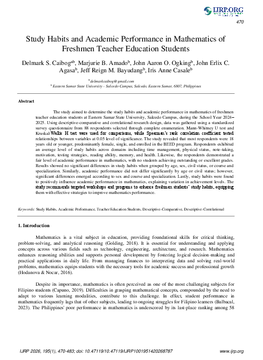(PDF) Study Habits and Academic Performance in Mathematics of Freshmen ...