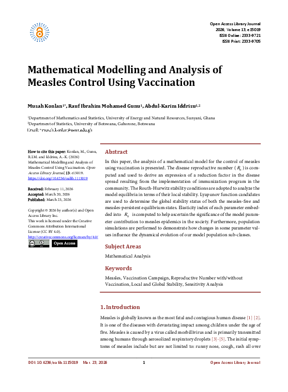 (PDF) Mathematical Modelling and Analysis of Measles Control Using ...