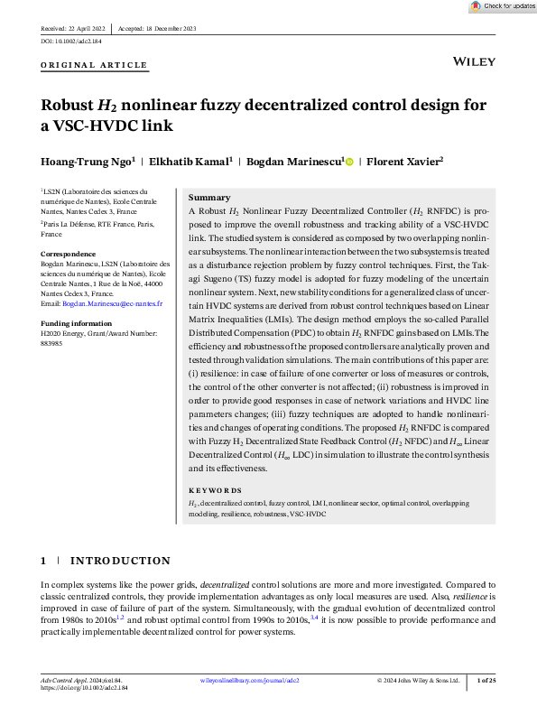 (PDF) Robust H 2 nonlinear fuzzy decentralized control design for a VSC ...