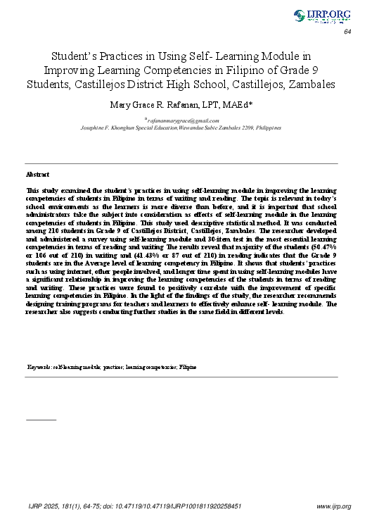 (PDF) STUDENT’S PRACTICES IN USING SELF- LEARNING MODULE IN IMPROVING ...