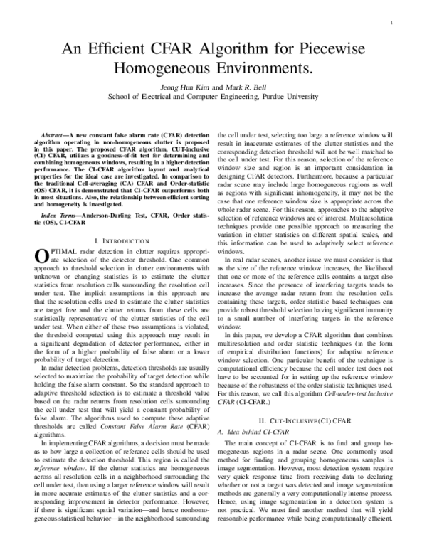 (PDF) An Efficient CFAR Algorithm for Piecewise Homogeneous Environments
