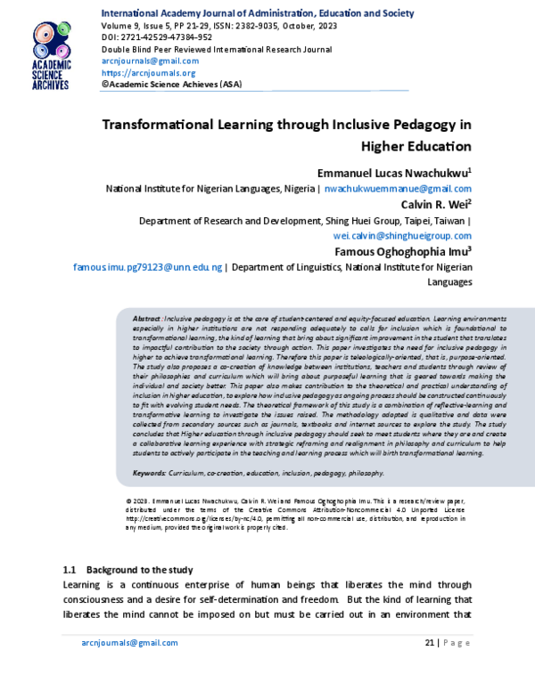 (PDF) Transformational Learning Through Inclusive Pedagogy in Higher ...
