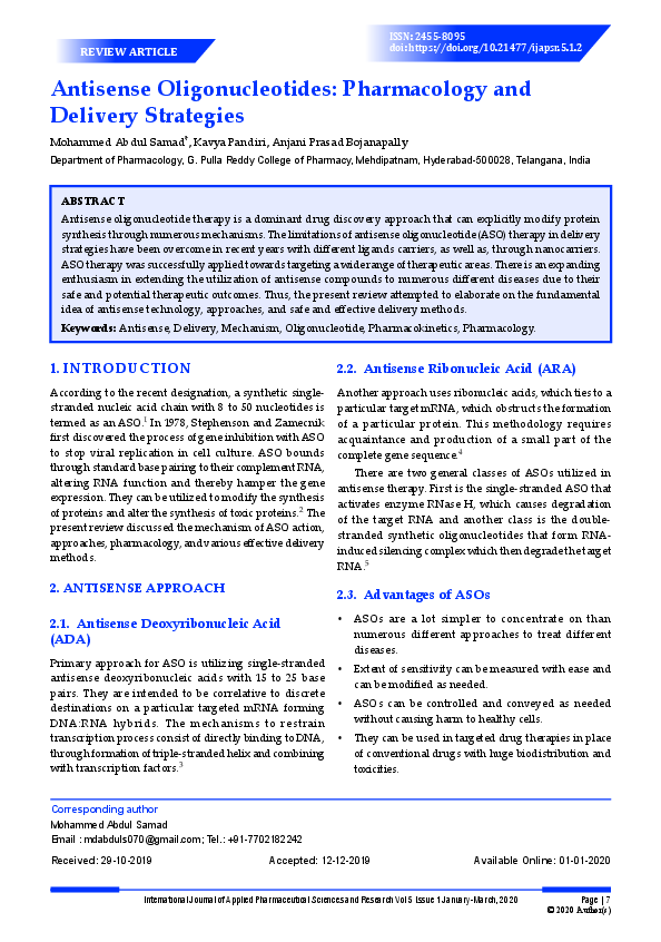 (PDF) Antisense Oligonucleotides: Pharmacology and Delivery Strategies
