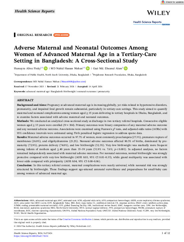 (PDF) Adverse Maternal and Neonatal Outcomes Among Women of Advanced ...