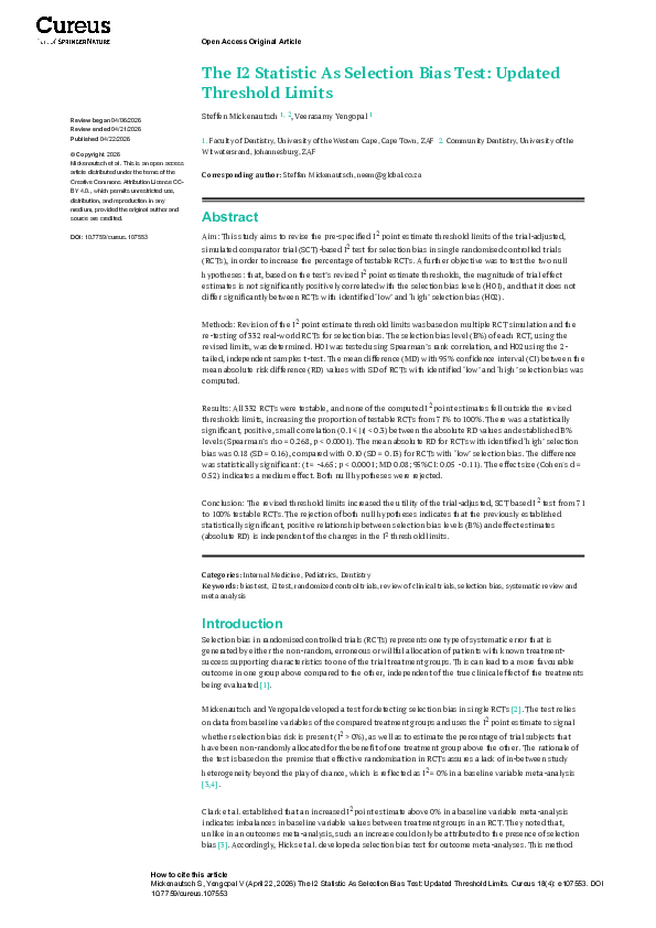 (PDF) The I2 Statistic As Selection Bias Test: Updated Threshold Limits