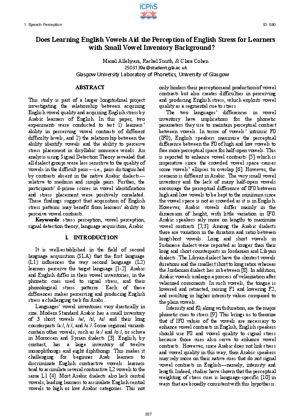 (PDF) Does Learning English Vowels Aid the Perception of English Stress ...