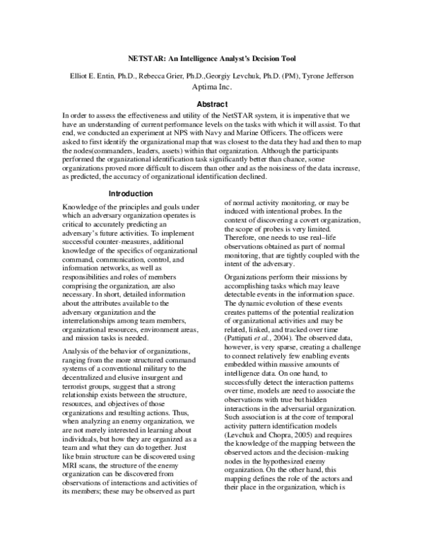 (PDF) NETSTAR: An Intelligence Analyst's Decision Tool