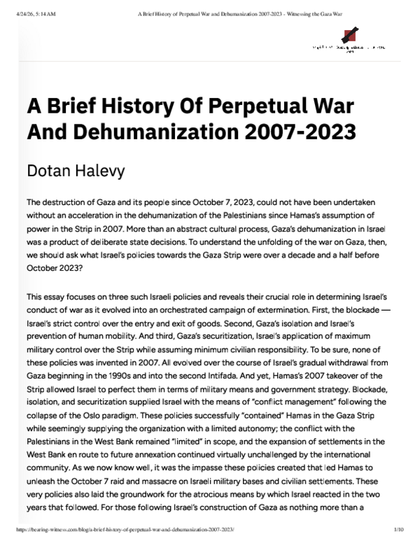 (PDF) A Brief History of Perpetual War and Dehumanization 2007-2023
