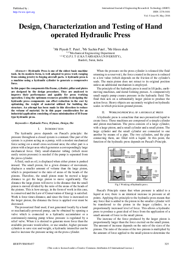 (PDF) Design, Characterization and Testing of Hand operated Hydraulic Press