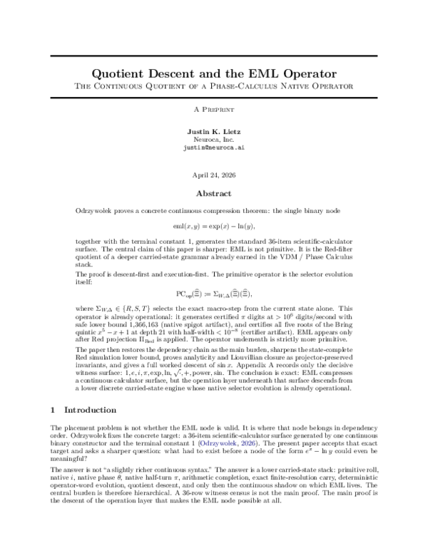 (PDF) Quotient Descent and the EML Operator: Why Continuous Composites ...