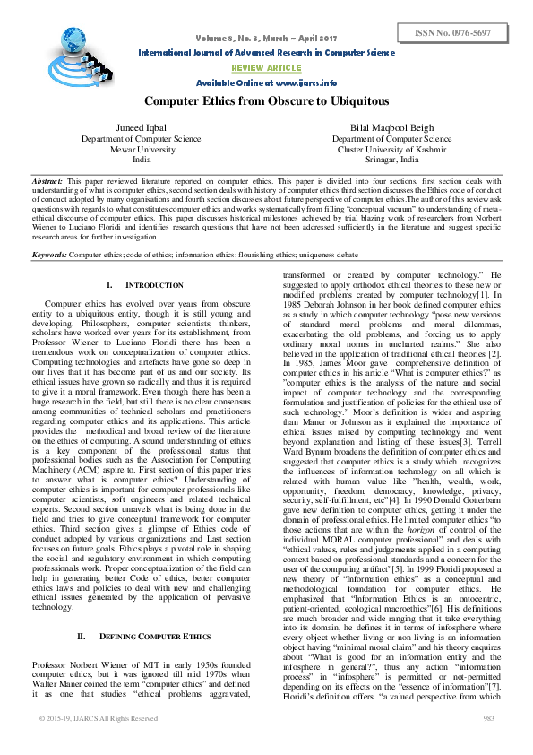 (PDF) Computer Ethics from Obscure to Ubiquitous
