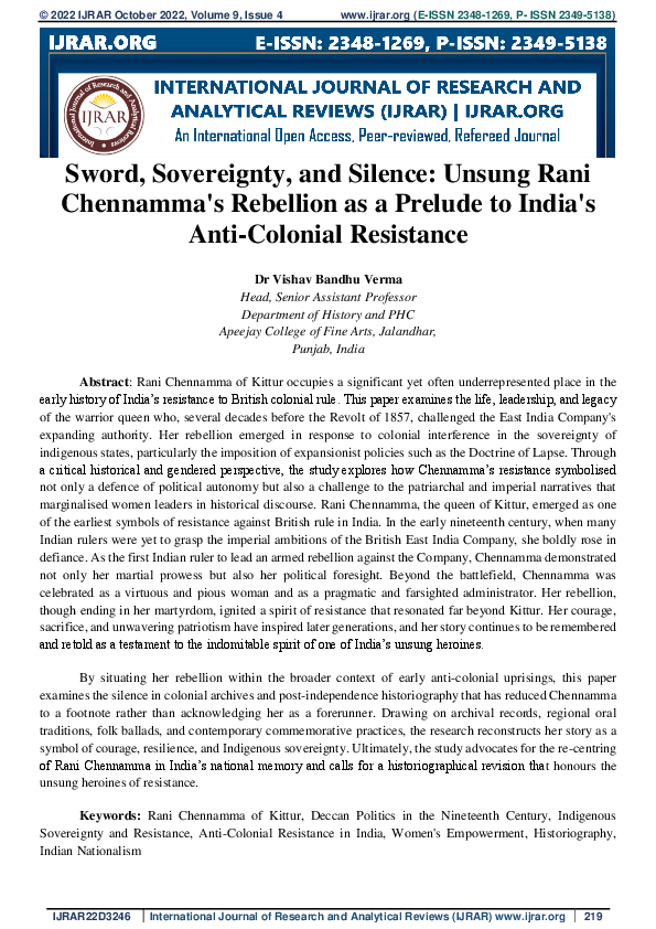 (PDF) Sword, Sovereignty, and Silence: Unsung Rani Chennamma's ...