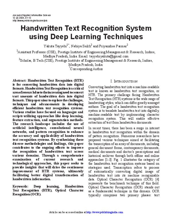 (PDF) Handwritten Text Recognition System using Deep Learning Techniques
