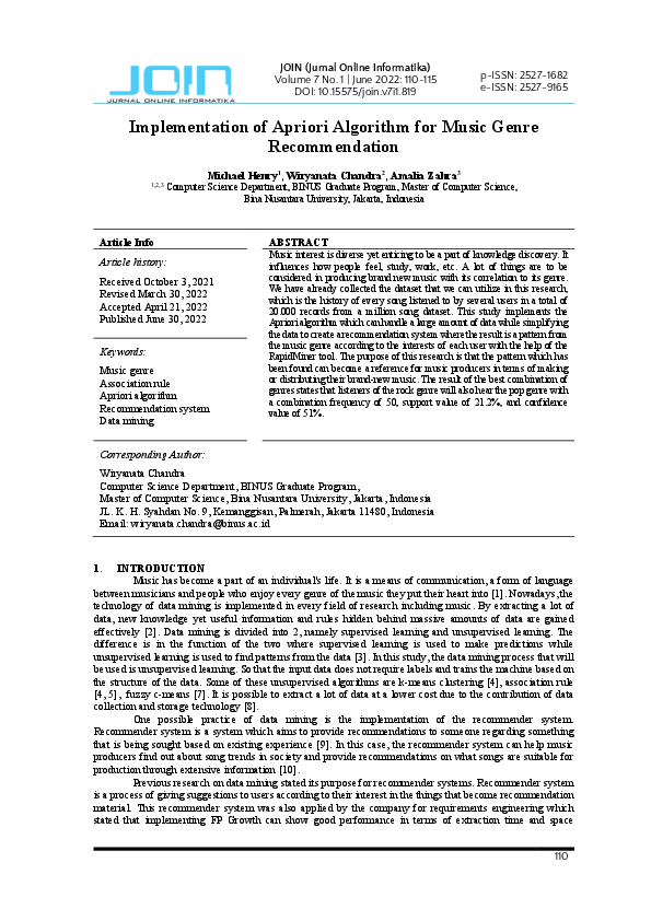 (PDF) Implementation of Apriori Algorithm for Music Genre Recommendation