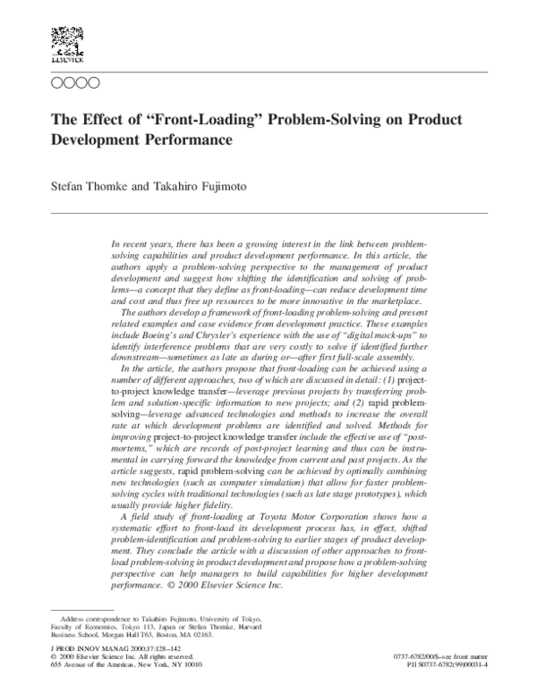 (PDF) The effect of “front-loading” problem-solving on product ...