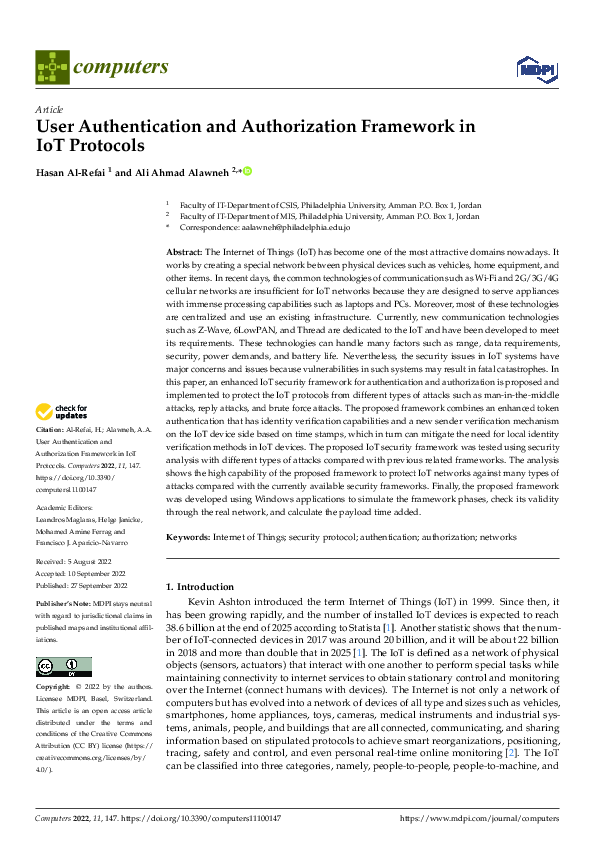(PDF) User Authentication and Authorization Framework in IoT Protocols