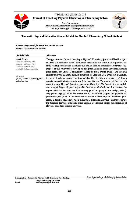(PDF) Thematic Physical Education Games Model for Grade 1 Elementary ...