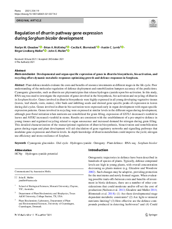 (PDF) Regulation of dhurrin pathway gene expression during Sorghum ...