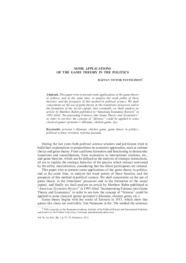 (PDF) Some Applications of the Game Theory in the Politics