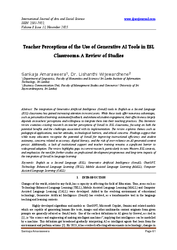 (PDF) Teacher Perceptions of the Use of Generative AI Tools in ESL ...