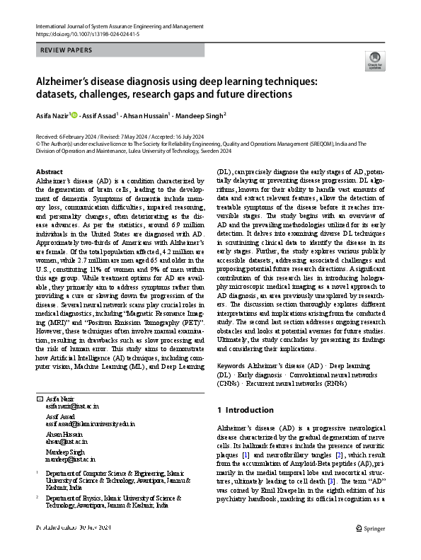 (PDF) Alzheimer's disease diagnosis using deep learning techniques ...