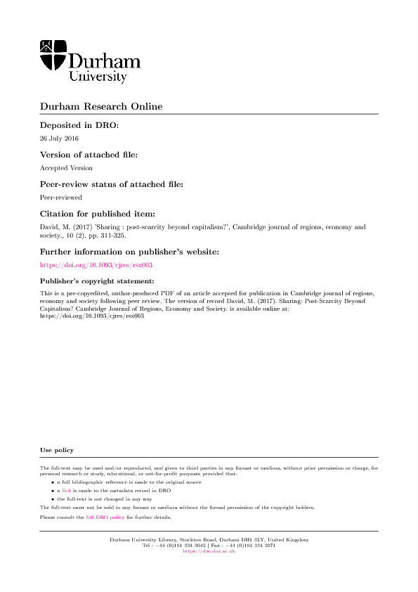 (PDF) Sharing: post-scarcity beyond capitalism?
