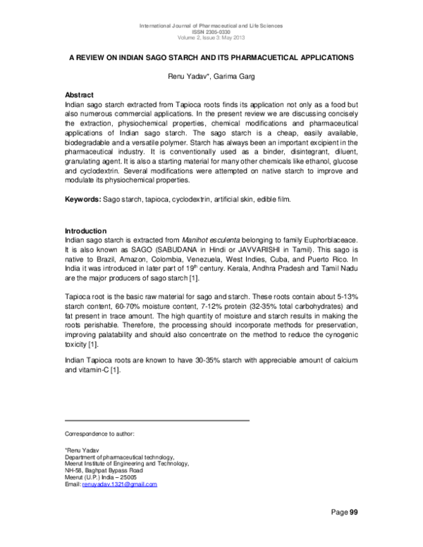 (PDF) A Review on Indian Sago Starch And Its Pharmacuetical Applications