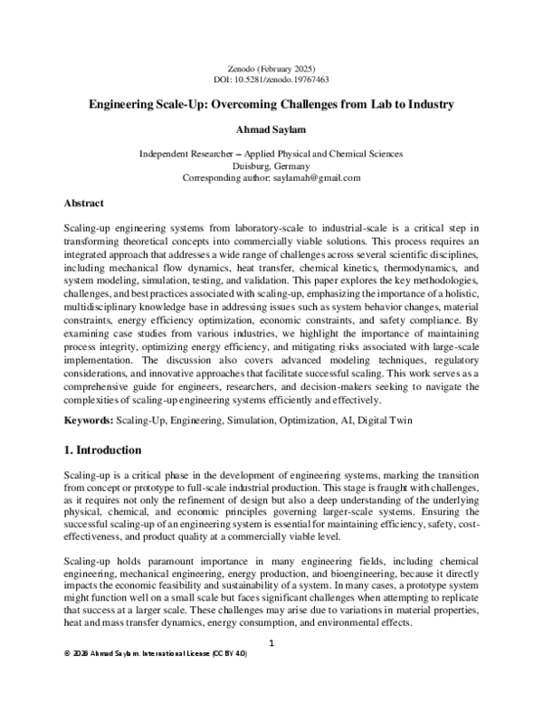 (PDF) Engineering Scale-Up: Overcoming Challenges from Lab to Industry