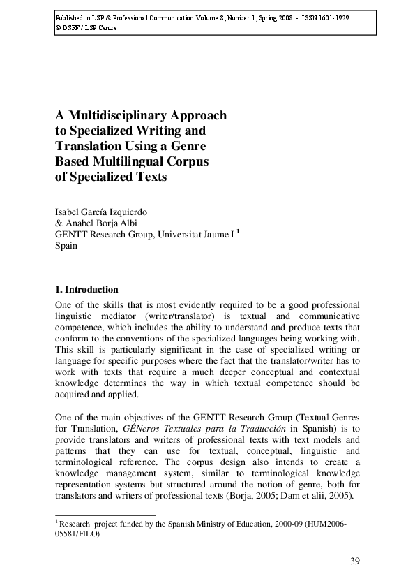 (PDF) A Multidisciplinary Approach to Specialized Writing and ...