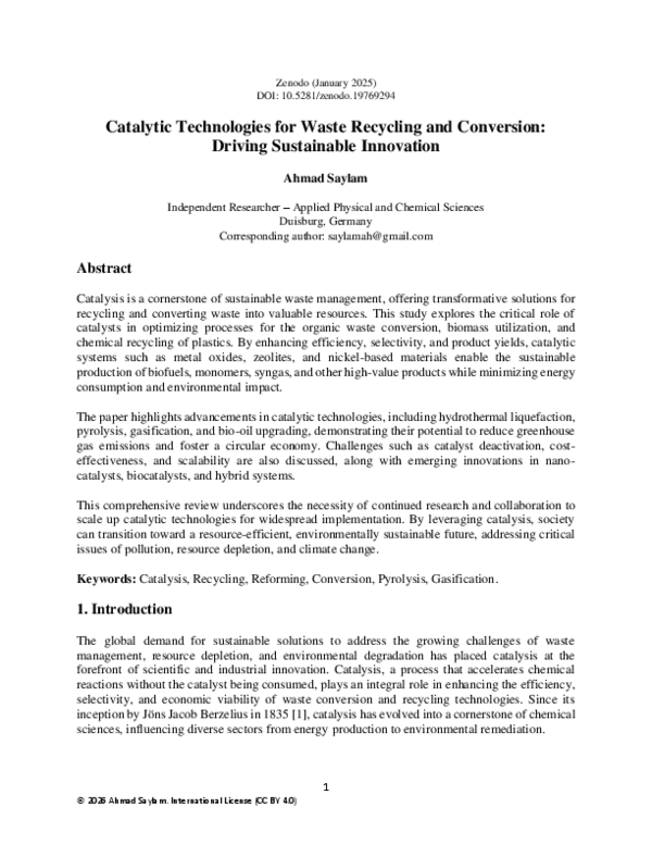 (PDF) Catalytic Technologies for Waste Recycling and Conversion ...