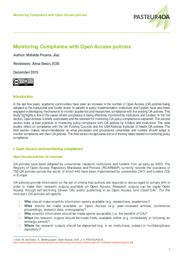 (PDF) Monitoring Compliance with Open Access policies