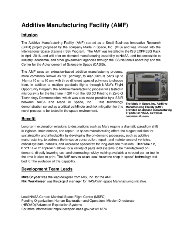 (PDF) Additive Manufacturing Facility (AMF)