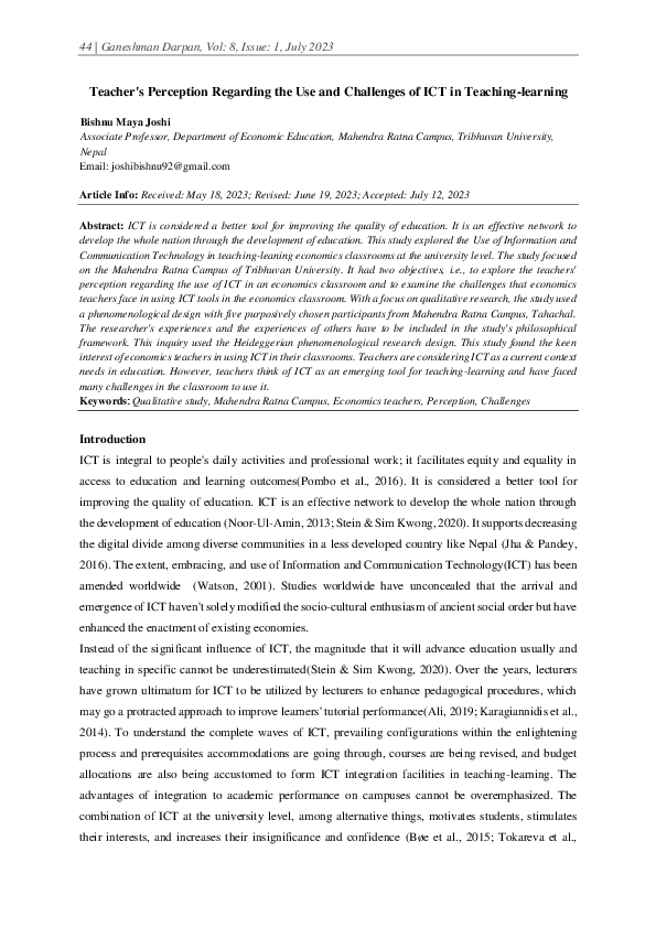 (PDF) Teacher's Perception Regarding the Use and Challenges of ICT in ...
