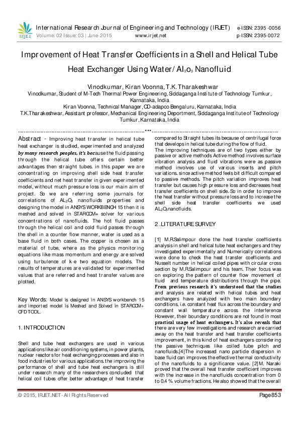 (PDF) Improvement of Heat Transfer Coefficients in a Shell and Helical ...